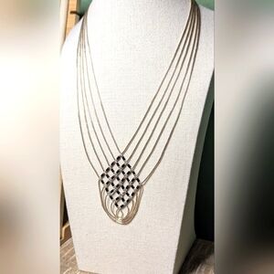 Vintage Sterling Silver Fringe Multi Stand Necklace with Black Glass Beads